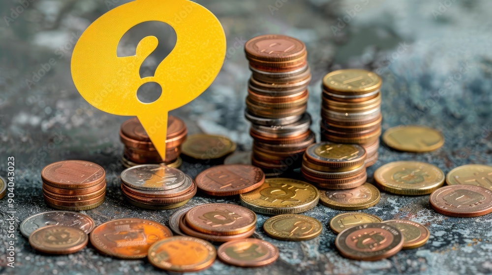 Aufkleber A yellow speech bubble with a question mark resting on top of coin piles in varying heights. 