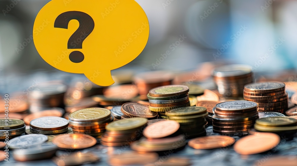 Aufkleber A yellow speech bubble with a question mark resting on top of coin piles in varying heights.