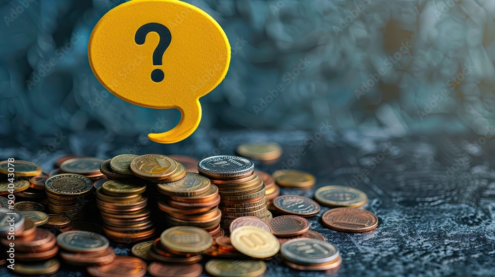 Aufkleber A yellow speech bubble with a question mark resting on top of coin piles in varying heights. 