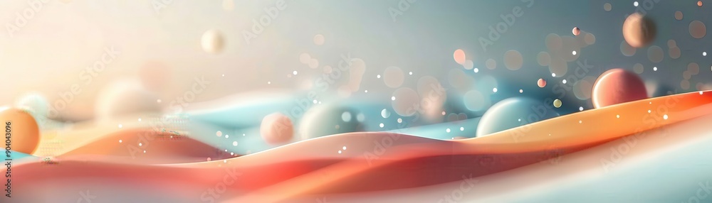 Poster abstract digital artwork featuring floating spheres over a colorful wave-like background. ideal for 