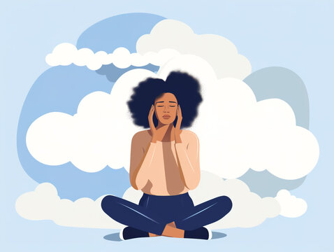 Young black woman trying to cope with emotional stress, illustration style