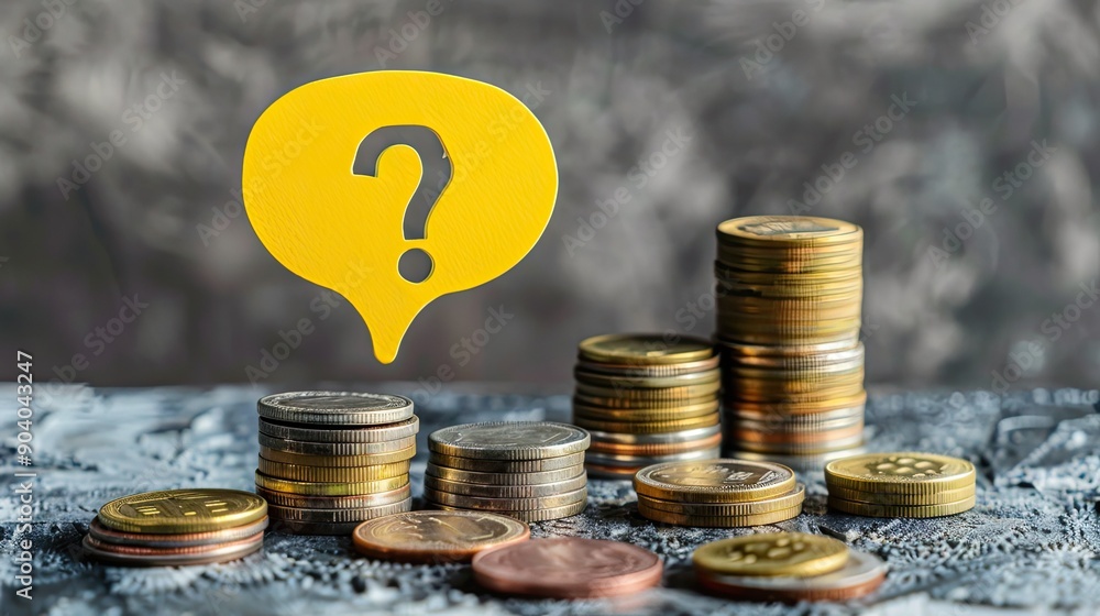 Aufkleber A yellow speech bubble with a question mark sitting over a group of coin stacks. 