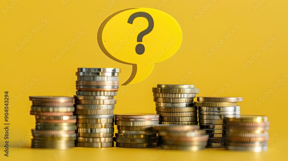 Aufkleber A yellow speech bubble with a question mark sitting over a group of coin stacks. 