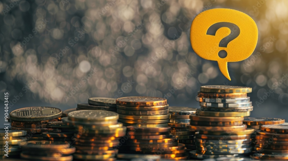 Aufkleber A yellow speech bubble with a question mark sitting atop a large stack of coins. 
