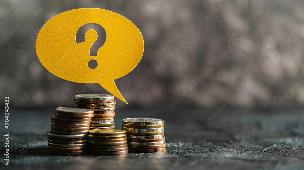 Poster A yellow speech bubble with a question mark sitting atop a large stack of coins. 