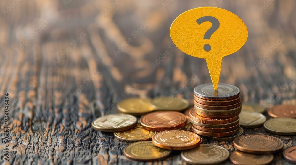 Aufkleber A yellow speech bubble with a question mark sitting atop a large stack of coins. 
