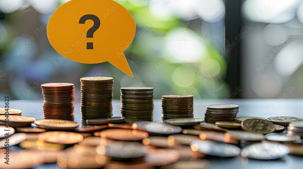 Poster A yellow speech bubble with a question mark sitting on different levels of coin stacks. 