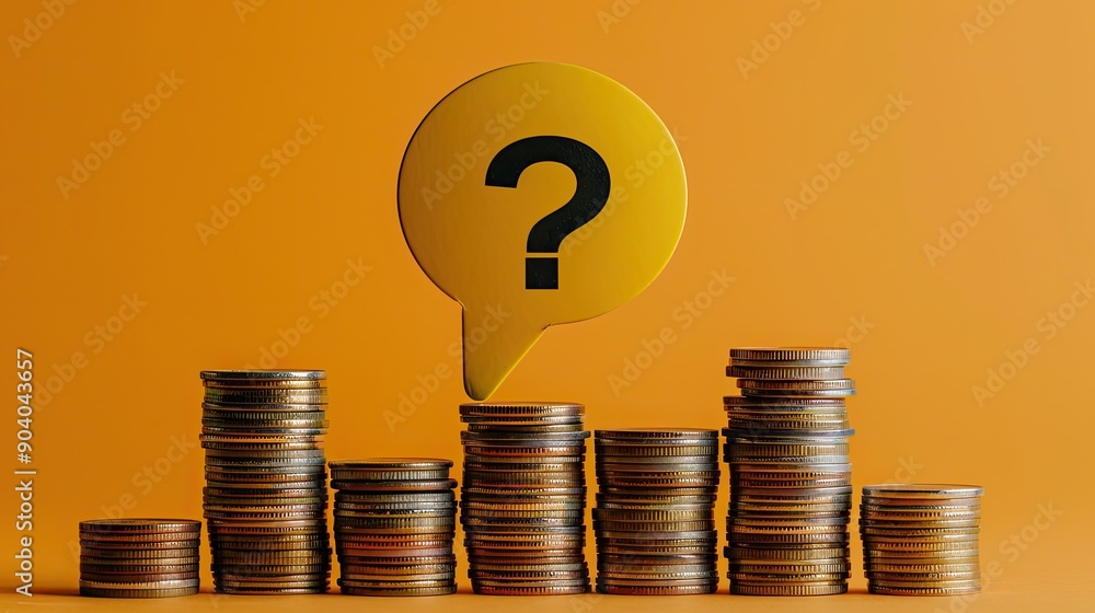 Aufkleber A yellow speech bubble with a question mark sitting on different levels of coin stacks. 
