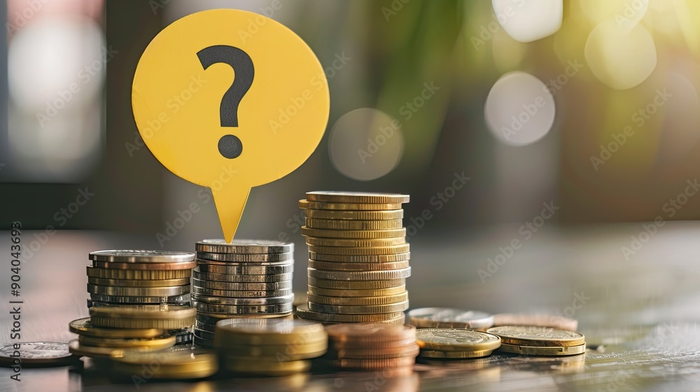 Aufkleber A yellow speech bubble with a question mark sitting on different levels of coin stacks. 