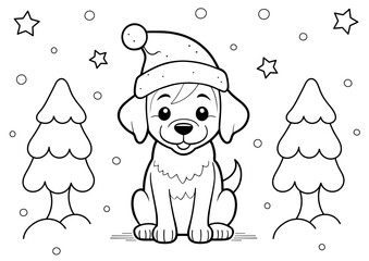 christmas colouring page a4 size. cute dog with santa hat.
