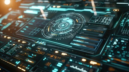 Fototapeta premium Futuristic HUD interface with glowing blue and orange elements.