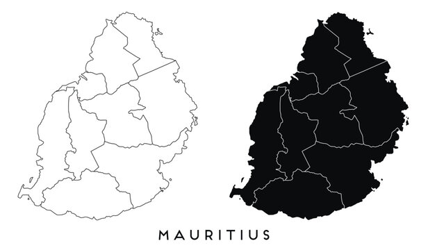 Mauritius map of regions districts vector black on white and outline