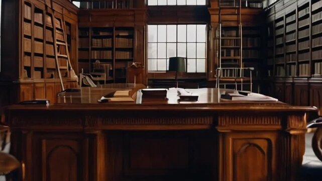 Large Wooden Desk in Library with Bookshelves