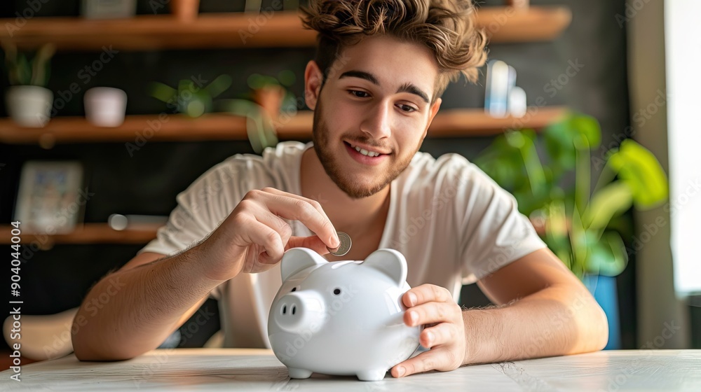Poster a young man inserting a coin into a white piggy bank, showing his commitment to investing for the fu