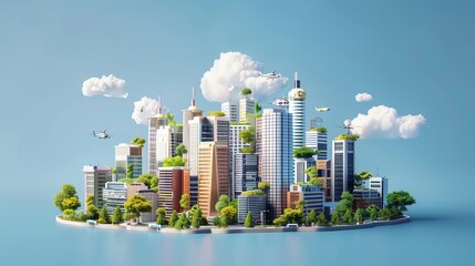 Fototapeta premium A 3D model of a city with green space on top of the buildings.