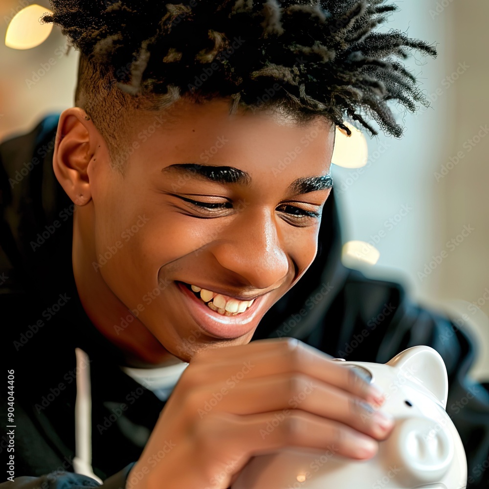 Poster a young man smiling as he deposits a coin into a white piggy bank, highlighting the concept of build