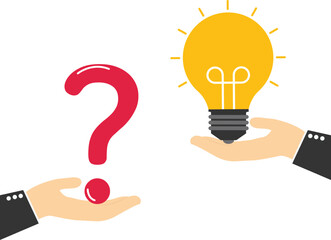 Male hand holding question mark with other reply with light bulb. Question and answer, solving problem.

