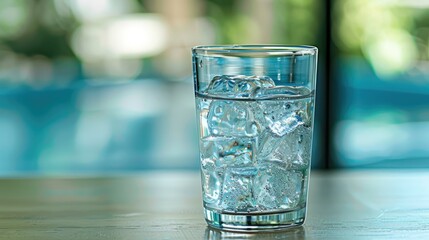 Refreshing glass of water with ice cubes.