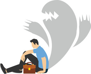 Fear attack concept. a character with a shadow of a monster that scares him. Phobias, anxiety, panic attacks. Psychology, loneliness, fear or mental health problems, depression.

