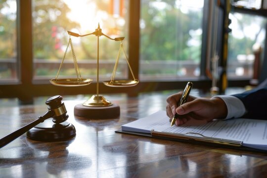 A lawyer is diligently engaged in the process of writing important legal documents, while the iconic scales of justice serve as a symbolic backdrop, representing the principles of fairness and law