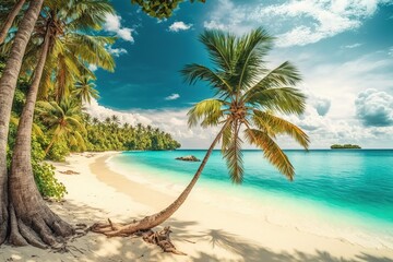 Obraz premium Palm tree on a tropical beach with white sand and turquoise water.