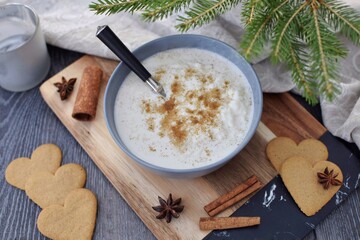 Rice porridge with milk and cinnamon - traditional Swedish food for Christmas