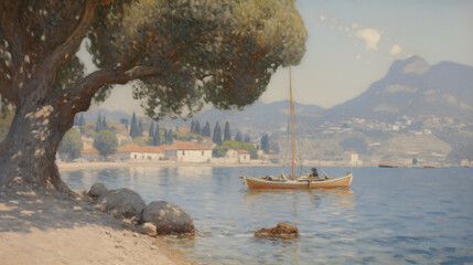 Fototapeta premium Summer day on the tranquil shore with a small boat and glistening water