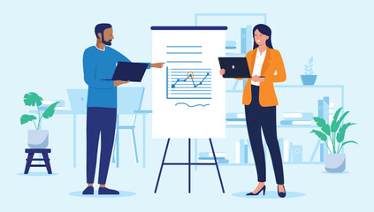 People looking at graph - Businessman and businesswoman with laptop computers doing presentation on flip over shite board with rising graph and chart. Flat design vector illustration