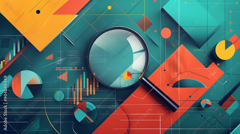 Fototapete A typography-focused design featuring motivational financial phrases and keywords, creatively arranged around an abstract outline of a magnifying glass and graphs.