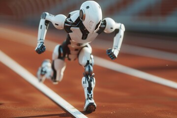 Fototapeta premium Robot athlete sprinting on race track at stadium. Futuristic concept of robots competing at Olympic Games and sports. Ai Generative