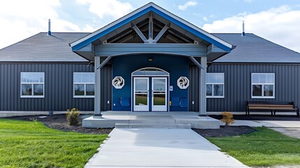 A brand new community hall featuring a semi circular door a gable roof and a blue covered porch