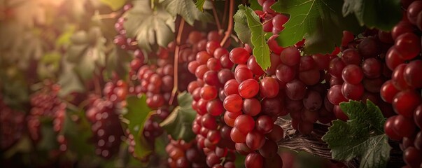 Fototapeta premium Close-up of ripe red grapes hanging on the vine with sunlight filtering through, perfect for wine or vineyard themes.