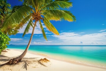 Palm tree on a white sandy beach with turquoise water and a blue sky.