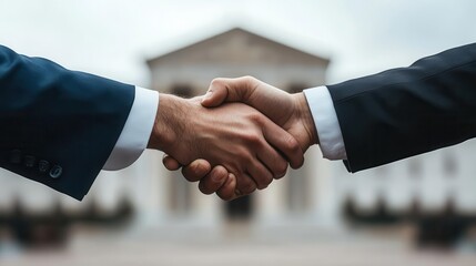 Two businessmen shaking hands in front of a courthouse.