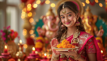 Indian woman holding puja thali, celebrating lord ganesha festival.