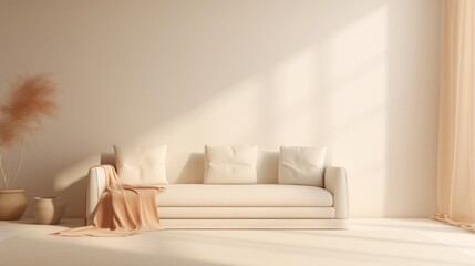 Modern minimalistic living room interior with peach color sofa and empty wall. Neural network ai generated art