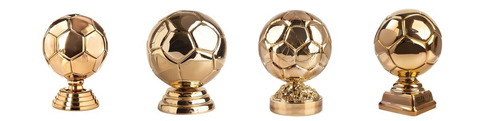 Golden football trophy. Bright shine balls. Premium prize for winners.