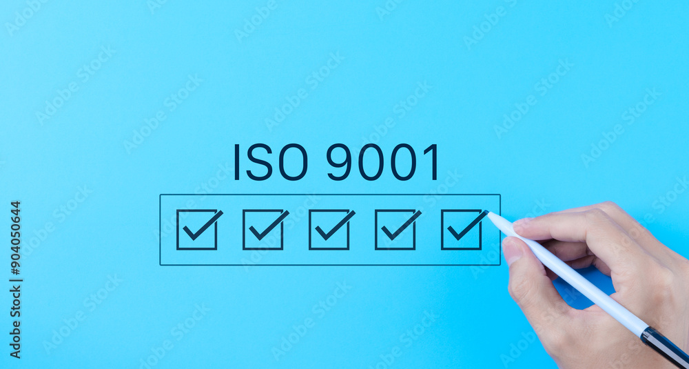 Poster iso 9001 quality assurance checklist concept. hand marking checkboxes for iso 9001 certification on 