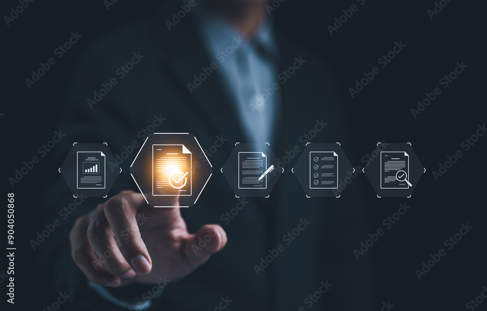 Poster quality assurance document control concept. businessman interact with digital icons representing qua