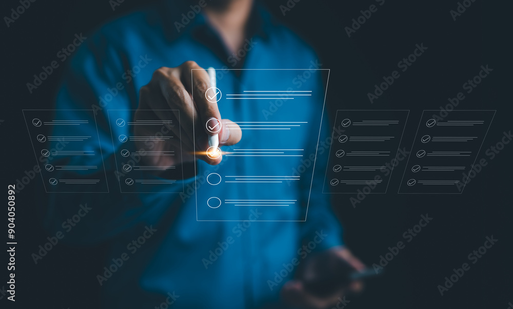 Poster filling out digital form checklist, businessman using pen to tick correct sign mark in checkbox for 