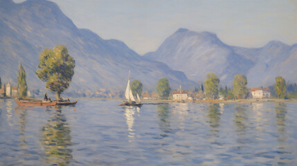 Impressionist summer landscape with sailboats and mountains by a tranquil lake