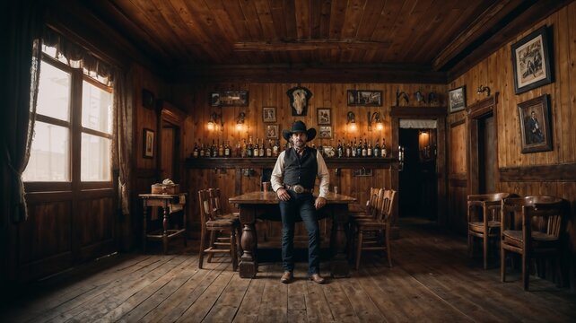 Interior of an old western saloon, man in the background, old west.