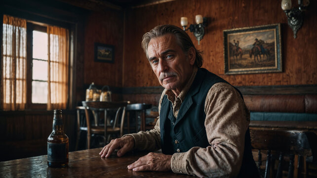 Man sitting in an old western saloon.