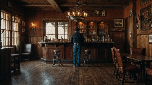 Interior of an old western saloon, man in the background, old west.
