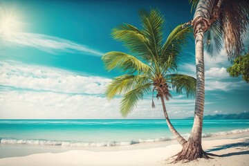 Fototapeta premium Palm tree on a white sandy beach, tropical paradise with turquoise ocean.