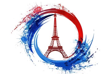 Eiffel Tower logo design, circular frame made of colorful brush strokes, white background, vector illustration style, flat color scheme, Eiffel tower logo design with red and blue colors