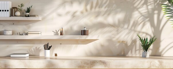 Office accessories on beige marble table, white wall with shelf, 3D illustration, ultra detailed, cinematic, high resolution, sharp focus.