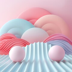 Abstract composition featuring soft pastel colors, spherical shapes, and flowing waves creating a serene and modern visual.