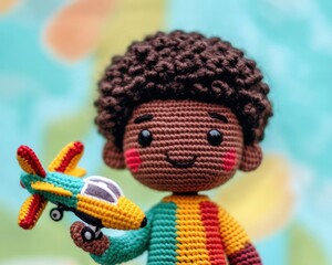 The crochet boy doll's cheerful expression and intricately detailed baseball uniform create a lively and enjoyable character.