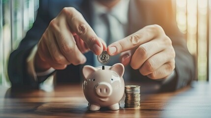 Close-up of a young businessman's hands holding a coin over a piggy bank, demonstrating the concept of financial planning.